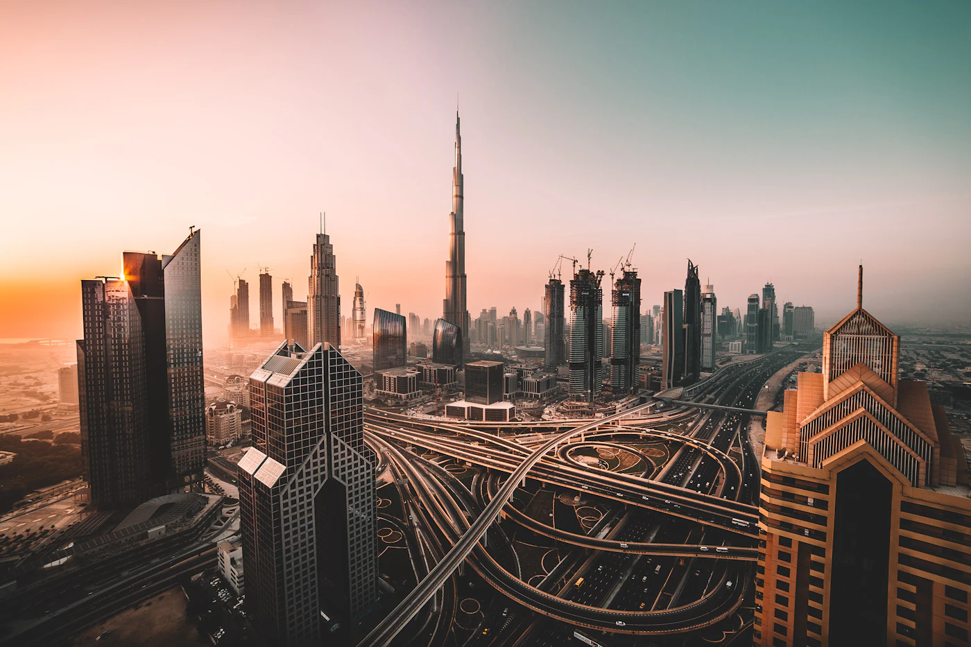 Dubai skyline at dawn with Burj Khalifa